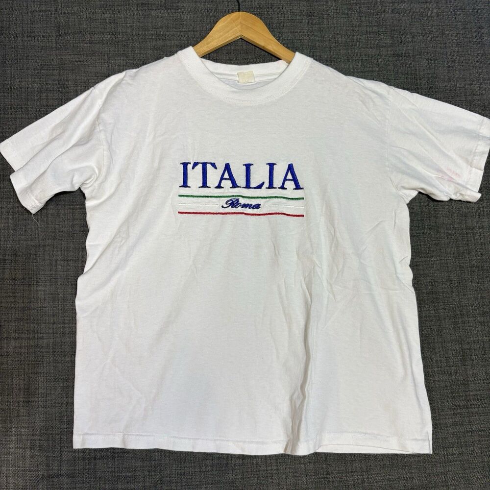 Mens Vintage Italia Roma Embroidered Graphic Short Sleeve T-Shirt Size Large